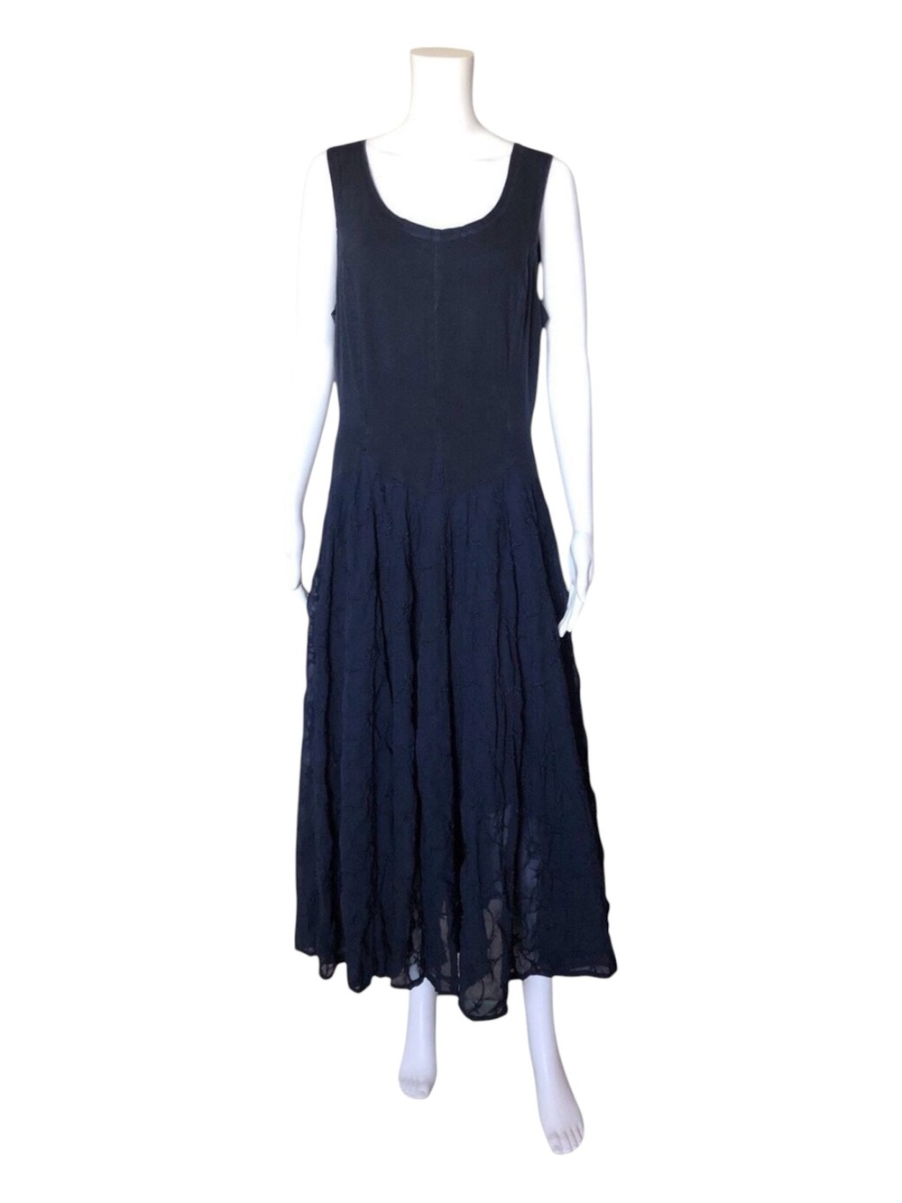 Vasna Maxi Tank Dress Womens L Navy Blue Sleeveless Textured Embroidered Boho